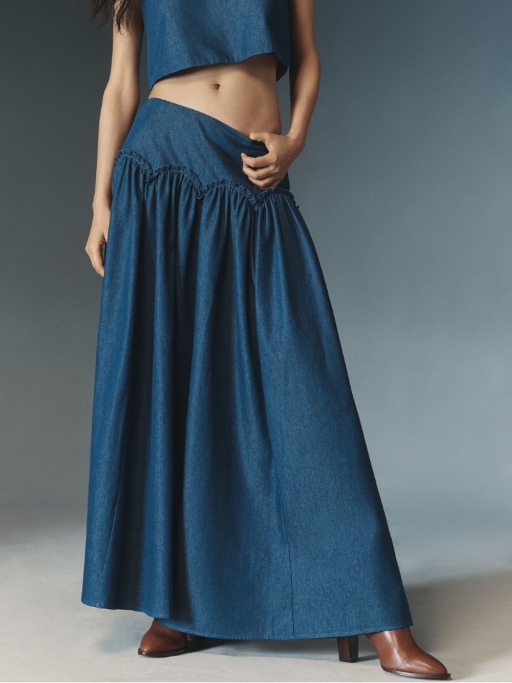 Anthropologie Mare Mare Basque-Waist Denim Maxi Skirt Medium